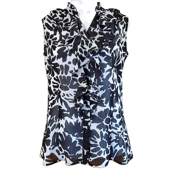 Relativity Tops - Black & White Floral Ruffle Button Down Blouse Womens Sz S Relativity Top Fairy